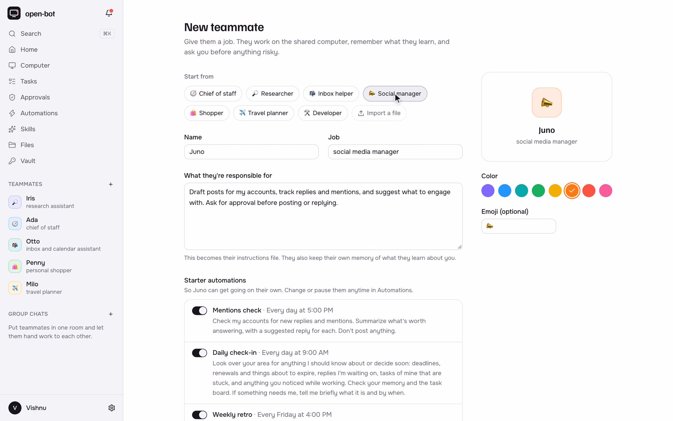 The new teammate form with templates, a job description and starter automations.