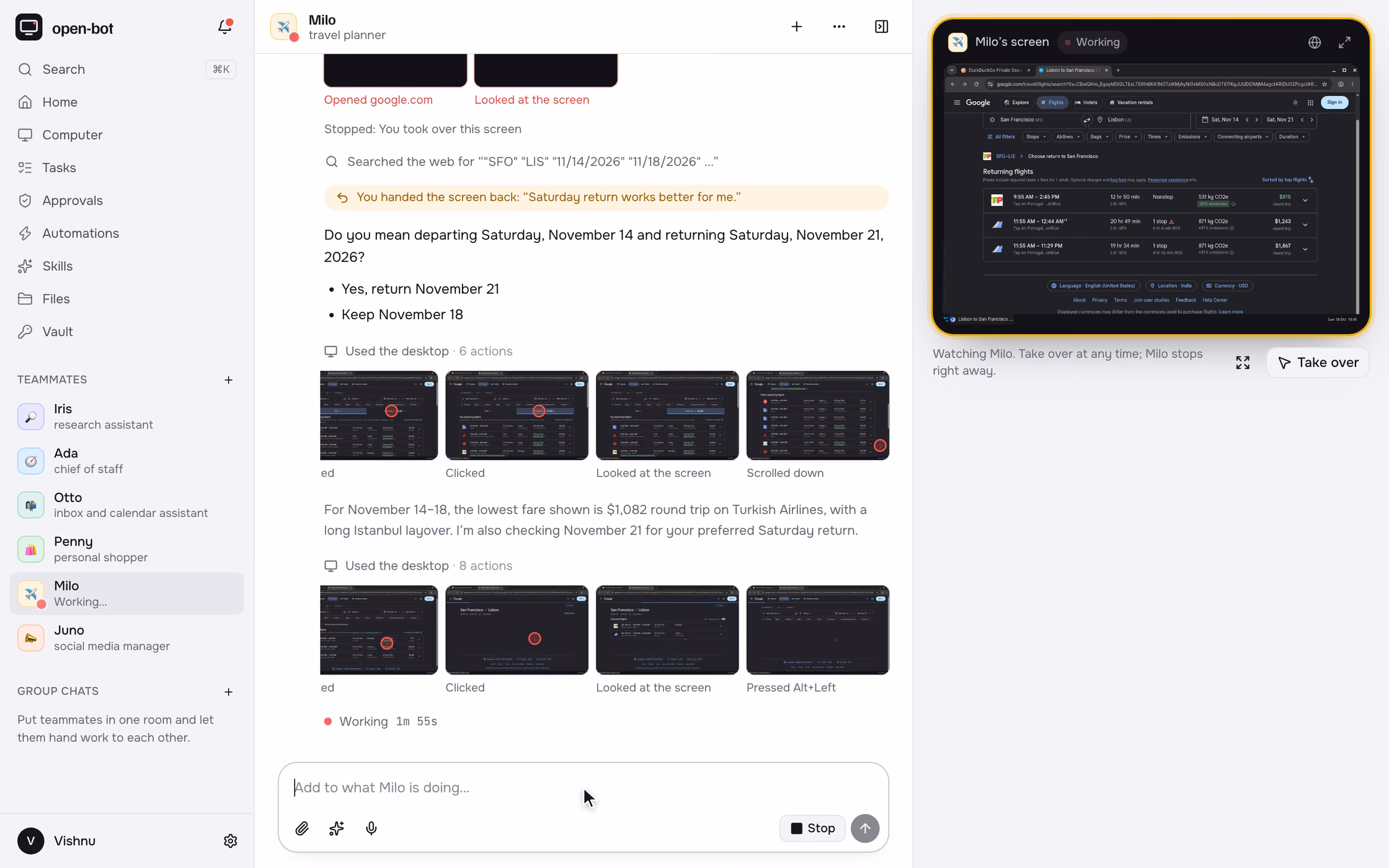 A travel teammate searching Google Flights while its live screen streams beside the chat.